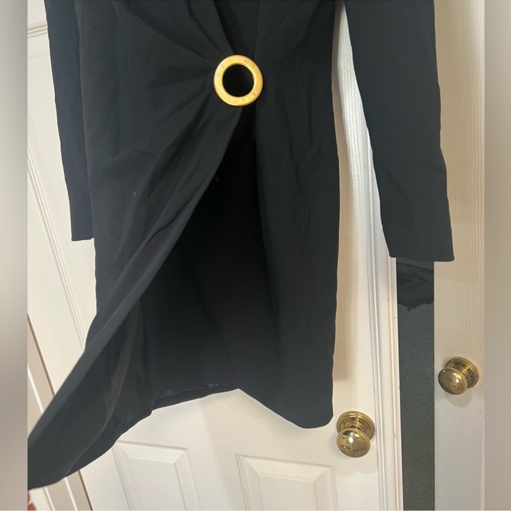 Rare VNTG Celine Black wool Blazer‎ Faux Wrap Dress L Statement Celine logo 38 - Picture 10 of 12